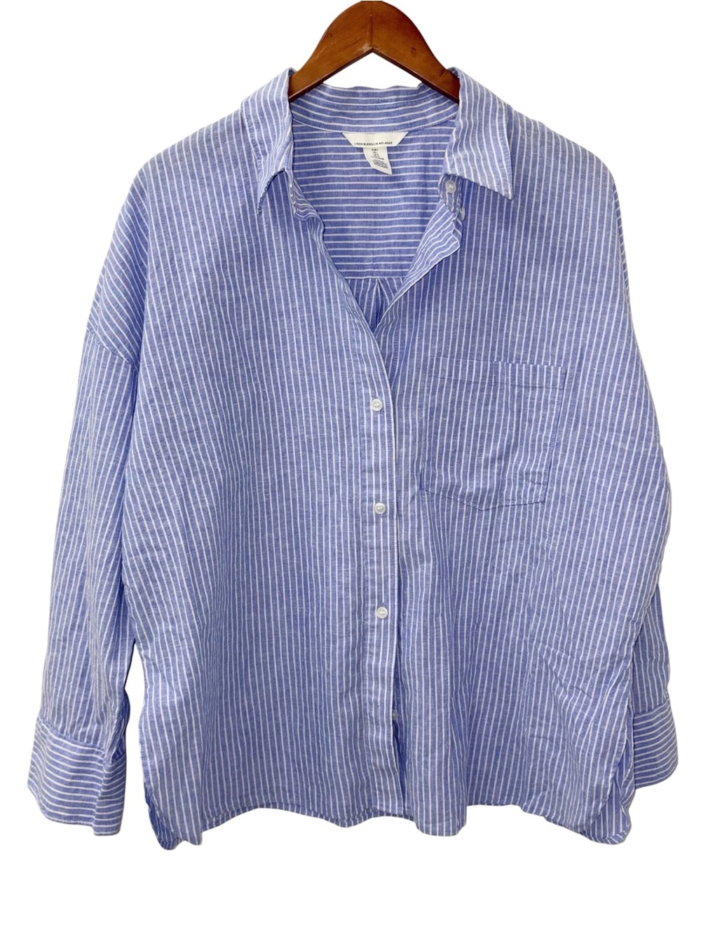 H&M LINEN BLEND/LIN MÉLANGÉ Blue/white Striped Button-Down tShirt Relaxed Fit L